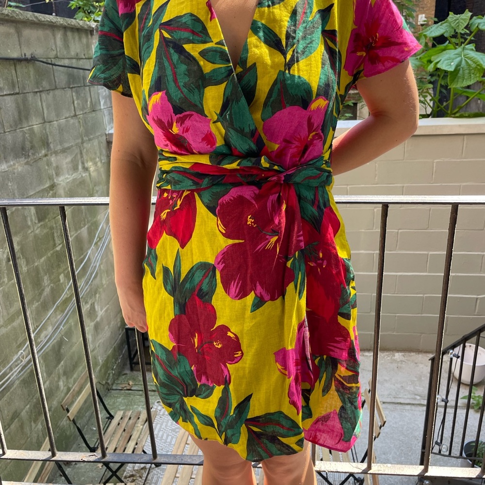 Womens zara linen tropical print dress with waist accent